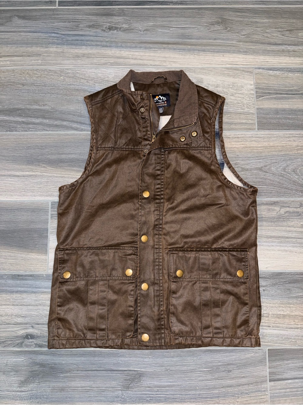Mountain and Isles Brown Wax Quilted Utility Vest with Brass Snaps